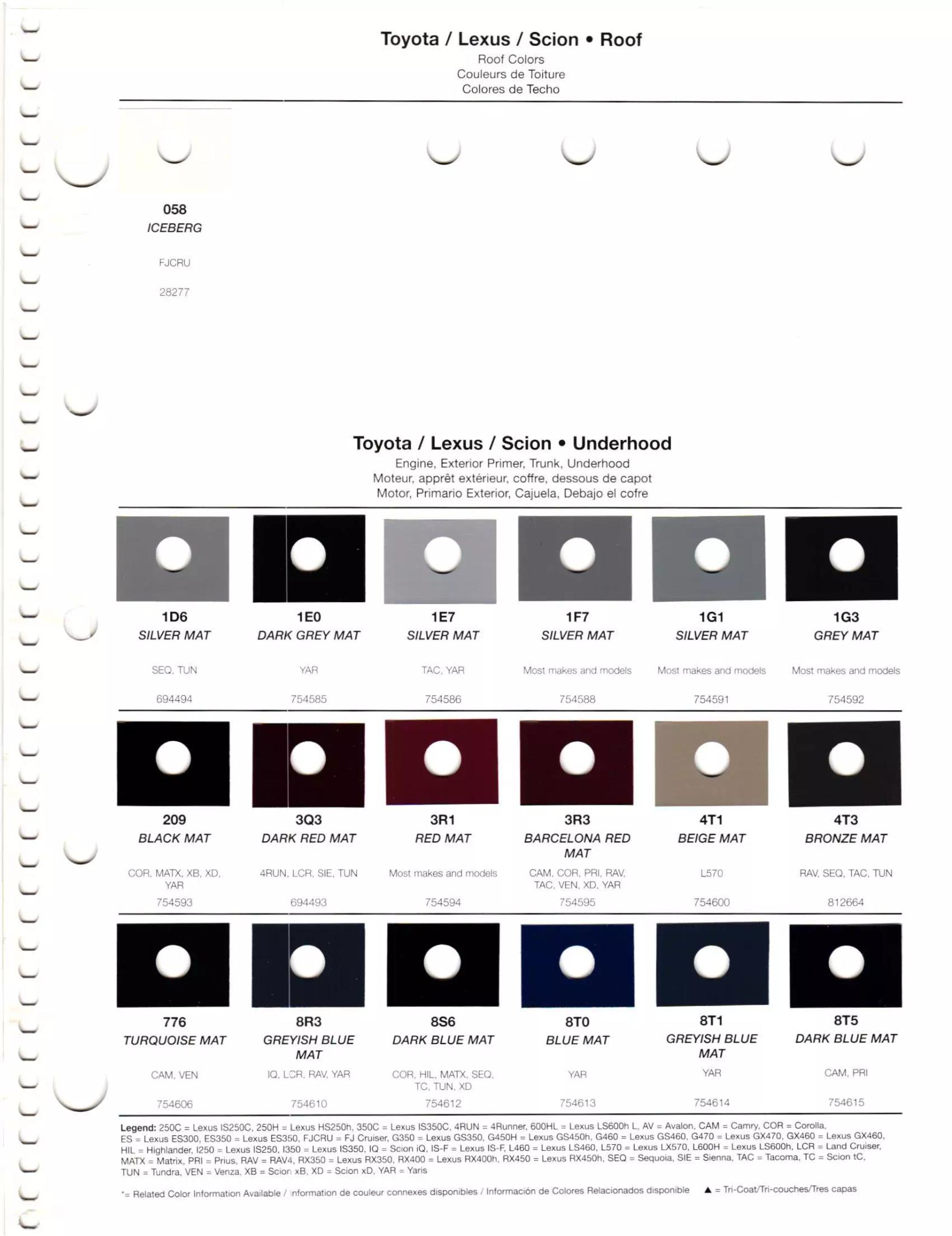 exterior, interior, wheel, and accent paint codes with paint chips used on toyota, lexus & scion vehicles