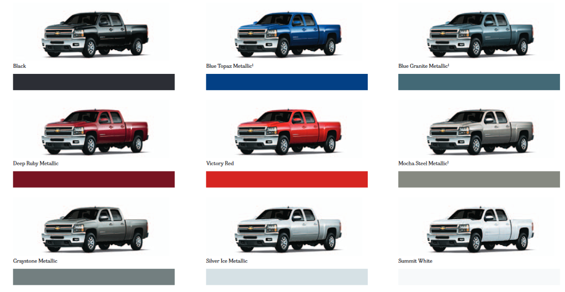 paint colors used on the exterior of chevrolet silverado trucks