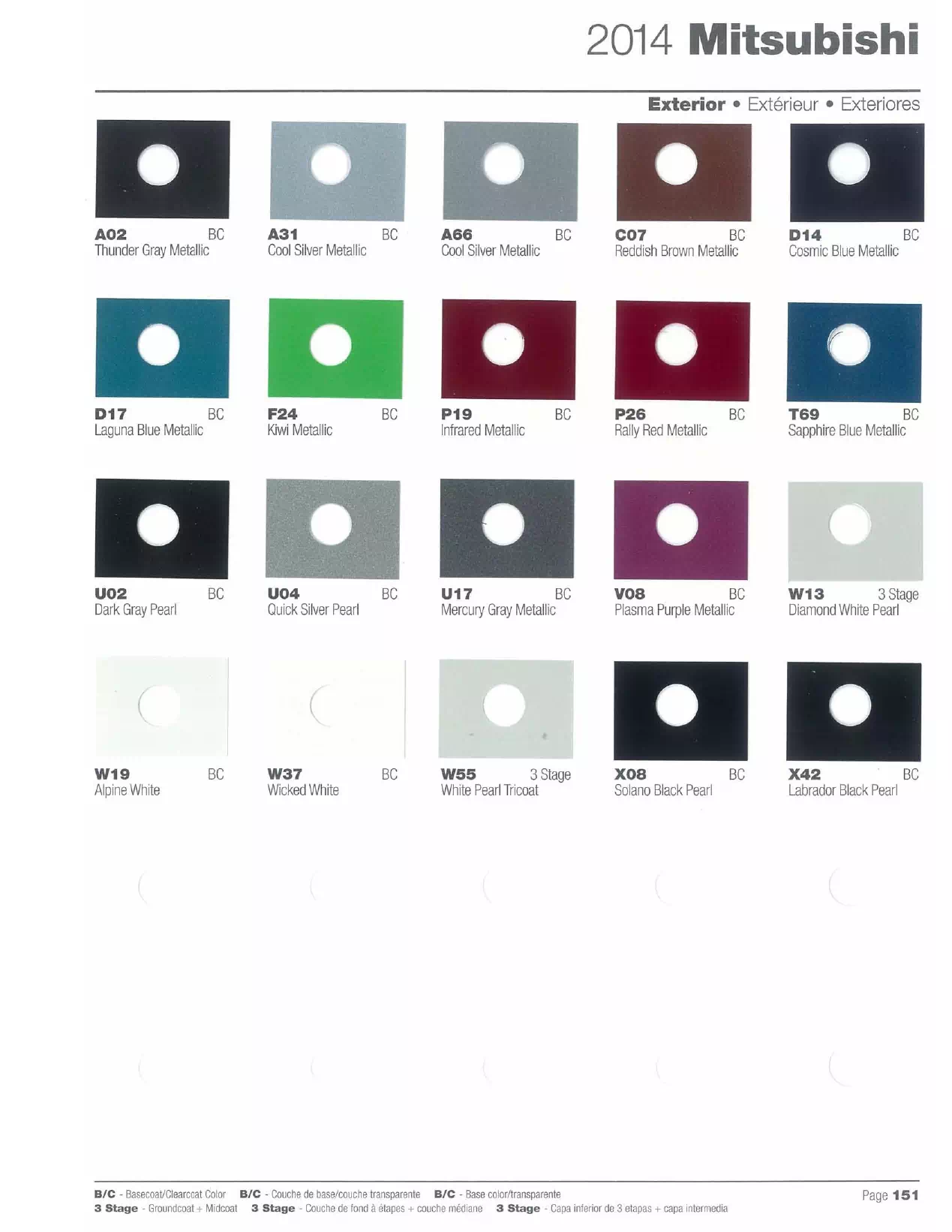 A paint code chart displaying various color swatches and corresponding codes. This chart is used to identify and select specific paint colors for mixing paint and or buying paint for your Mitsubishi vehicle. There are only so many paints used every year. This chart helps you decide what color it is.  