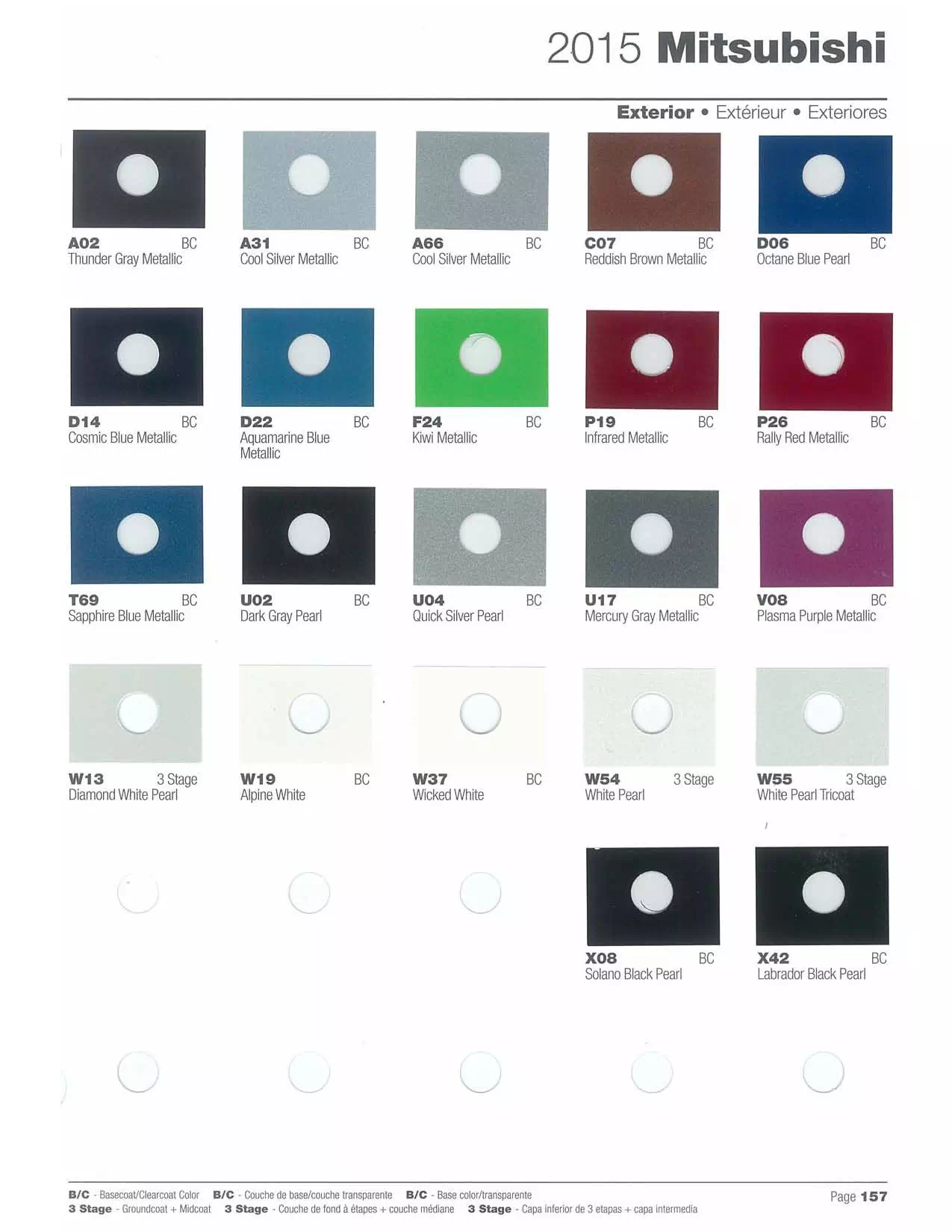A paint code chart displaying various color swatches and corresponding codes. This chart is used to identify and select specific paint colors for mixing paint and or buying paint for your Mitsubishi vehicle. There are only so many paints used every year. This chart helps you decide what color it is.  