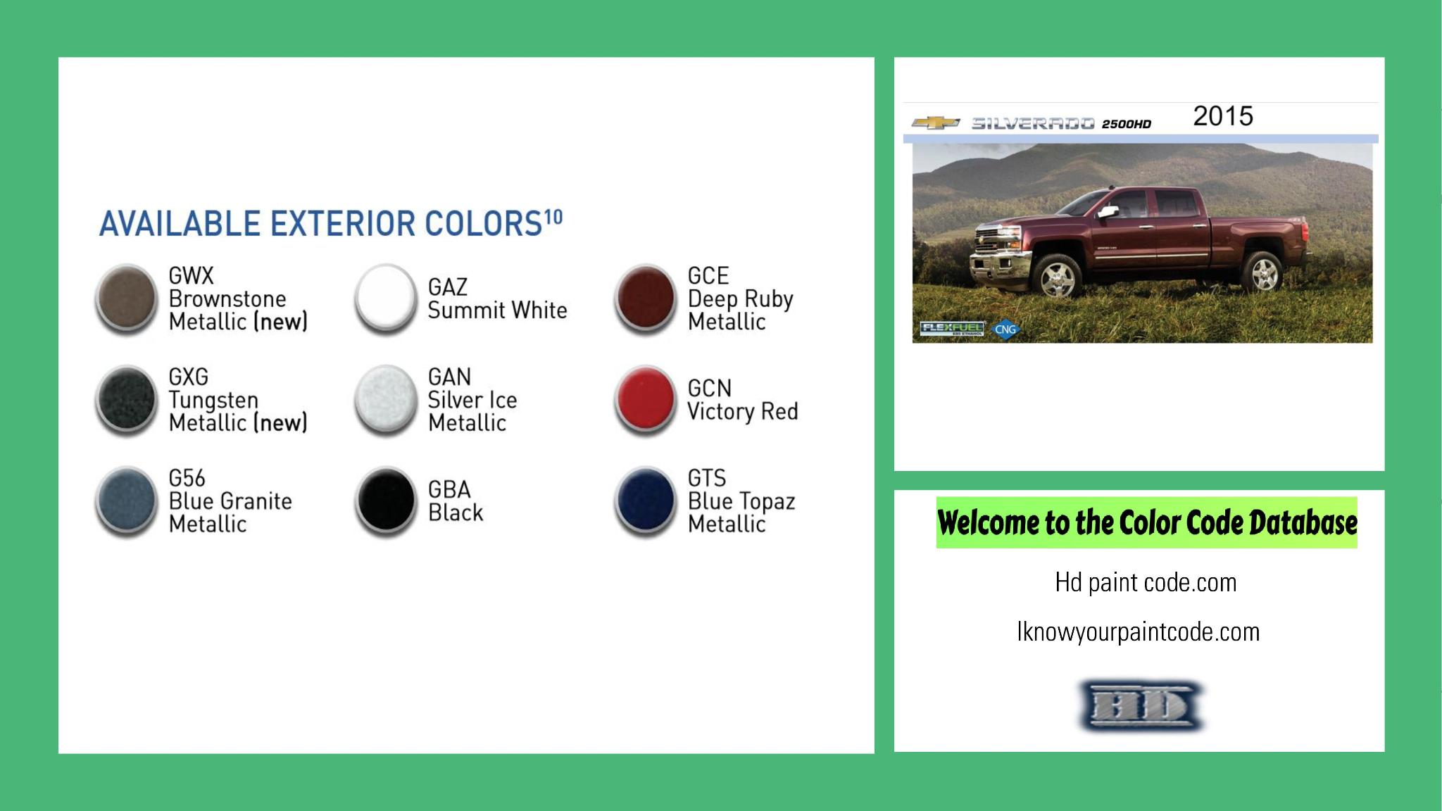 paint codes, paint swatches and vehicle example of the 2015 GM vehicle