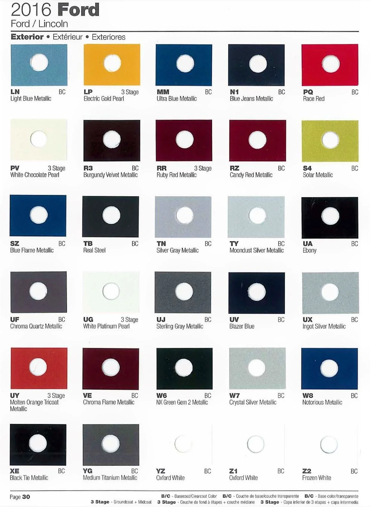 Color swatches, color names and their ordering paint codes for Ford Motor Company vehicles in 2016