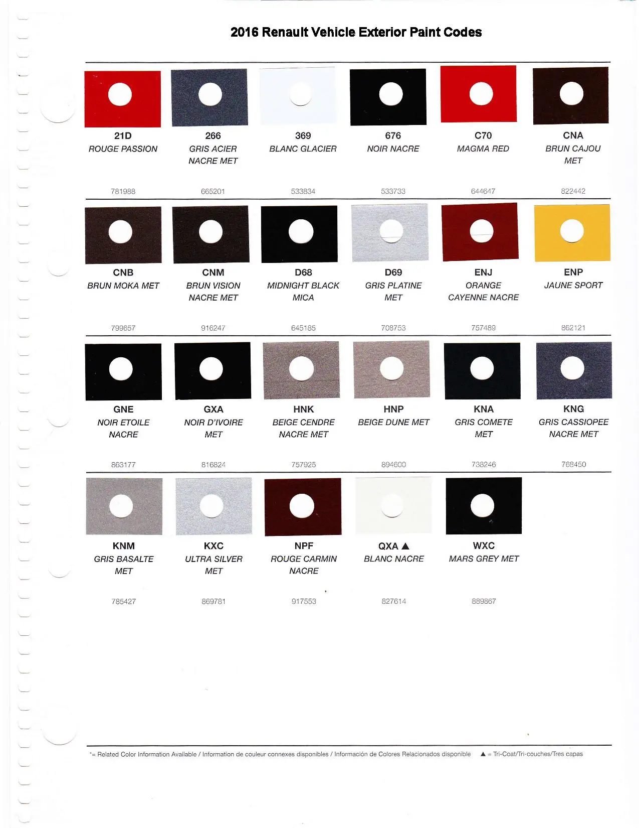 A paint chart for exterior colors, their codes, their names, and swatches for Renault automobiles.