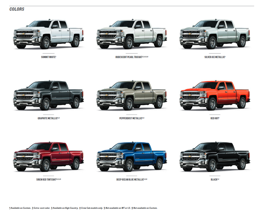 paint colors used on the exterior of chevrolet silverado trucks