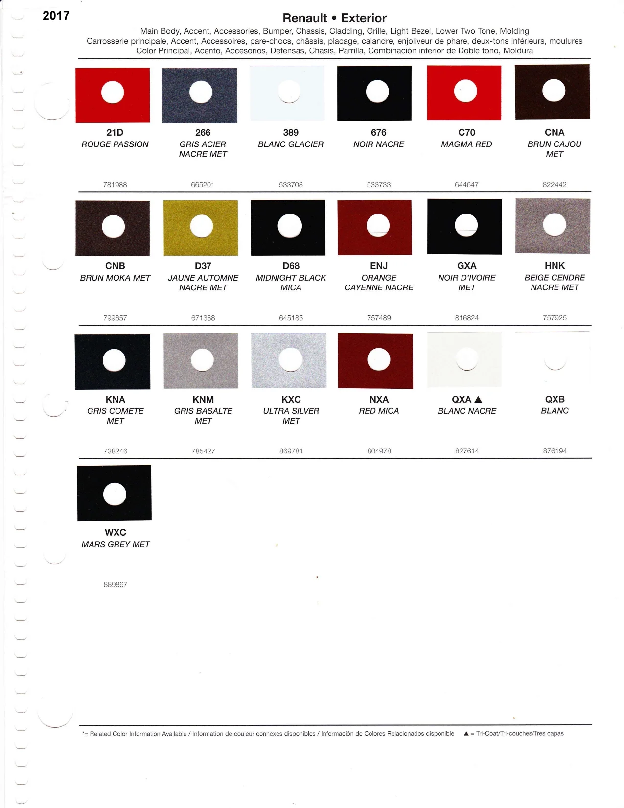 A paint chart for exterior colors, their codes, their names, and swatches for Renault automobiles.