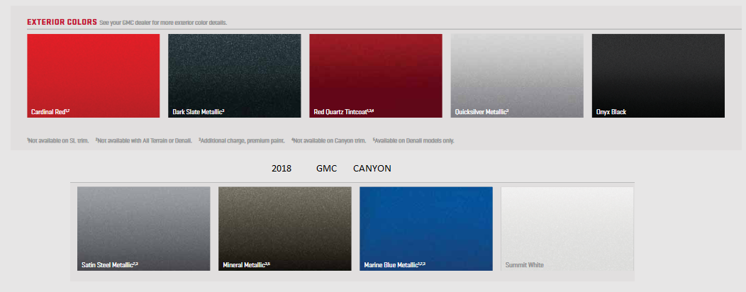 Colors used on the exterior of GMC Canyon Vehicles