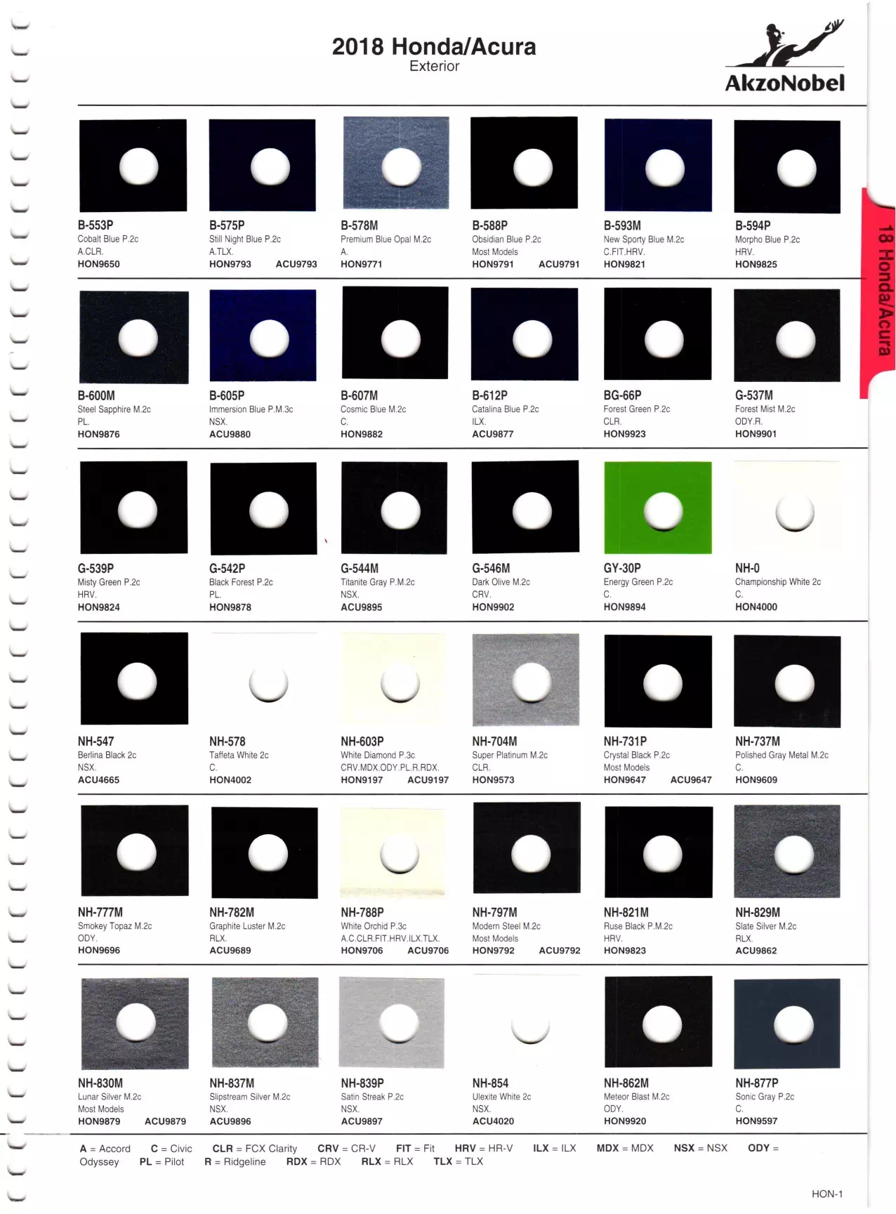 color codes, mixing stock numbers, and color shades of exterior Honda and Acura vehicles in 2018