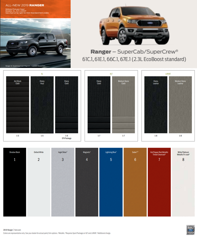 Color Chart for the Ford Ranger vehicle