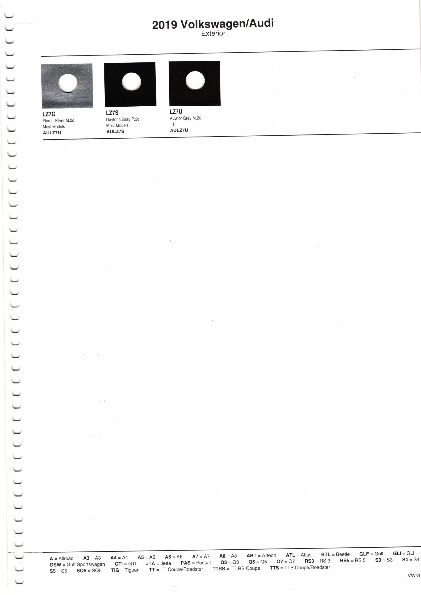 Colors and their codes used on all 2019 Volkswagen and Audi vehicles