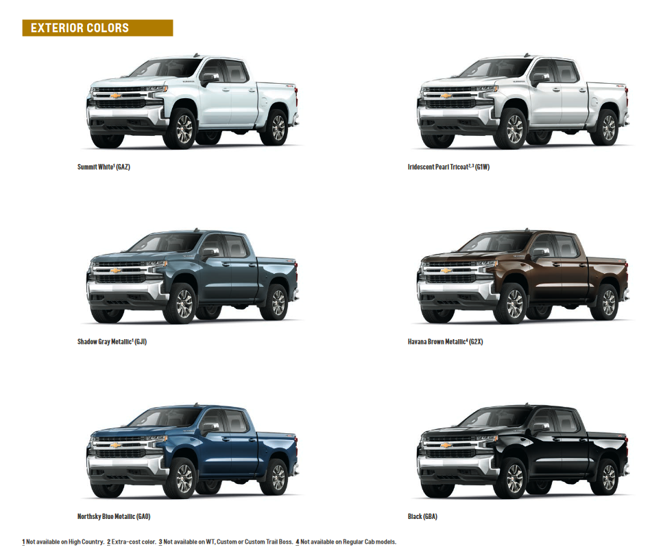 paint colors used on the exterior of chevrolet silverado trucks