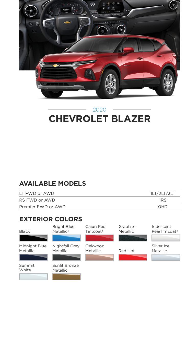 2020 GM Paint Codes and Color Chart.  Examples of the Colors used on the exterior of the vehicle.