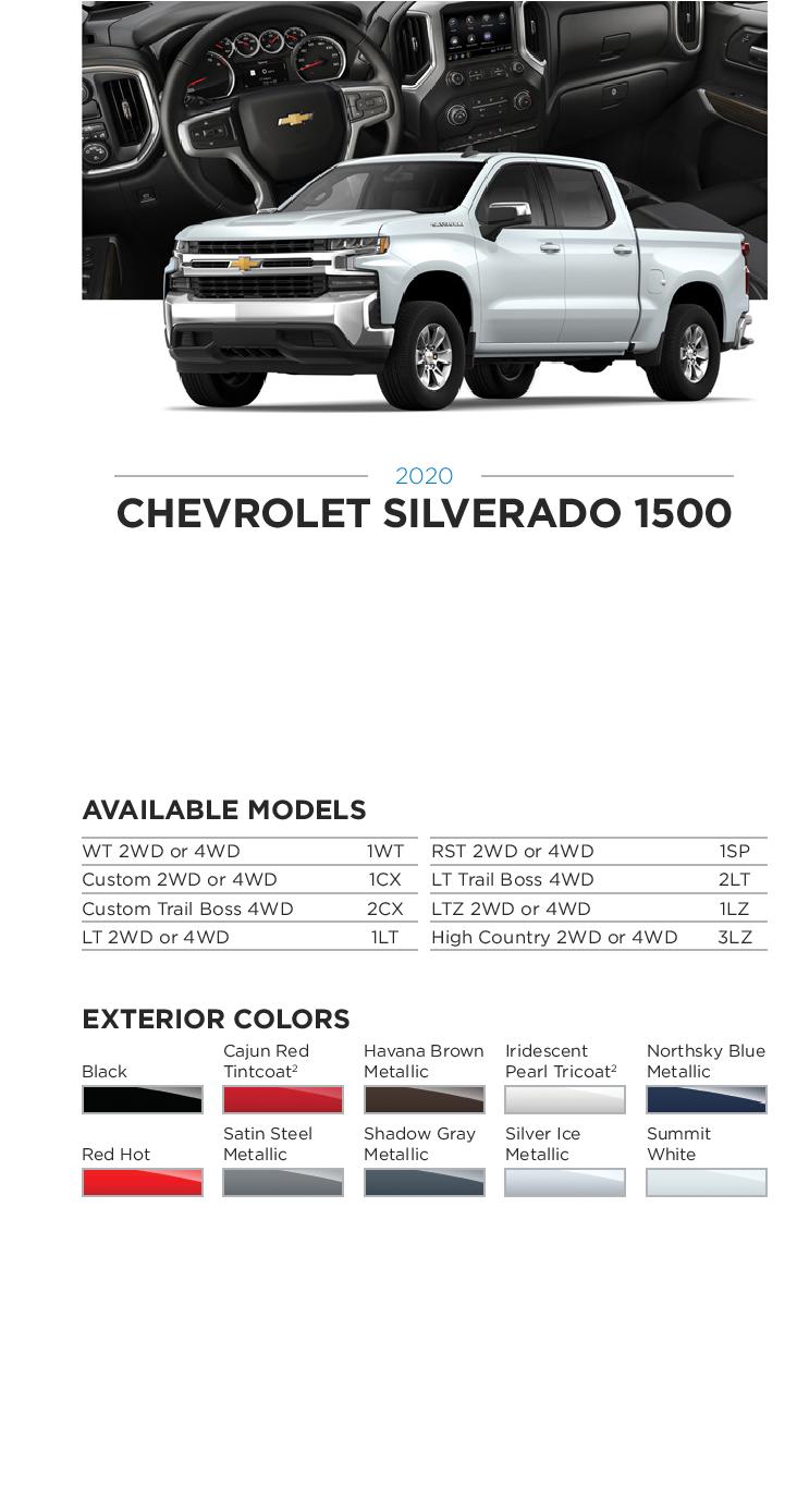 2020 GM Paint Codes and Color Chart.  Examples of the Colors used on the exterior of the vehicle.