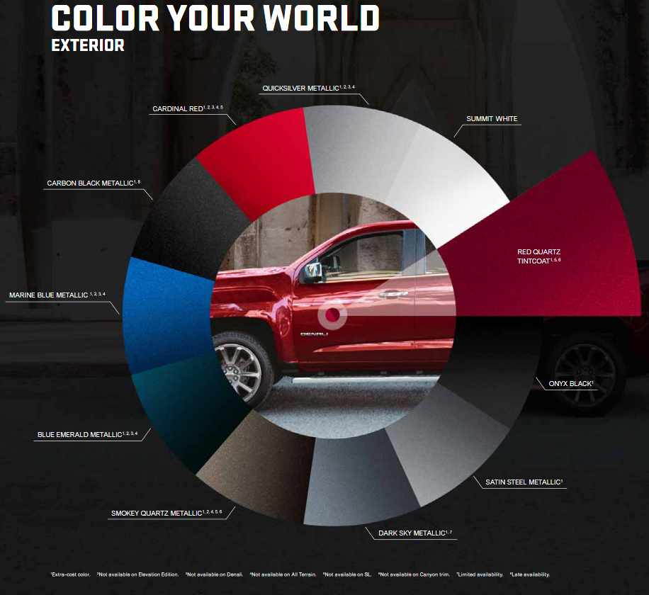 Colors used on the exterior of GMC Canyon Vehicles