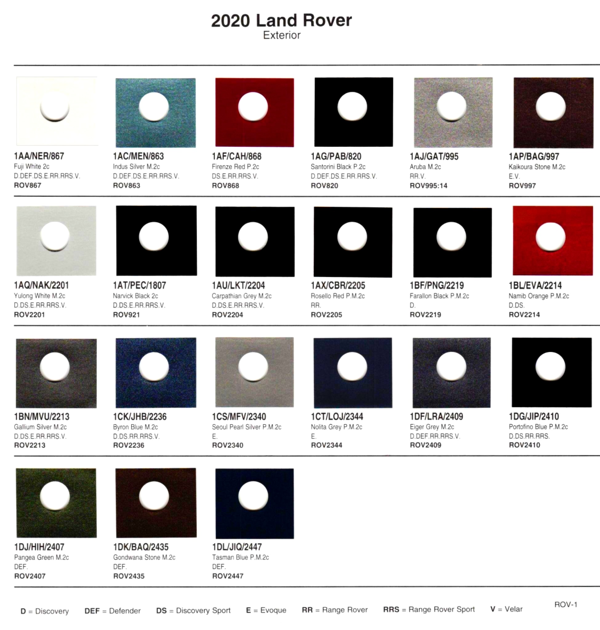 a color chart and paint codes for 2020 land rover vehicles