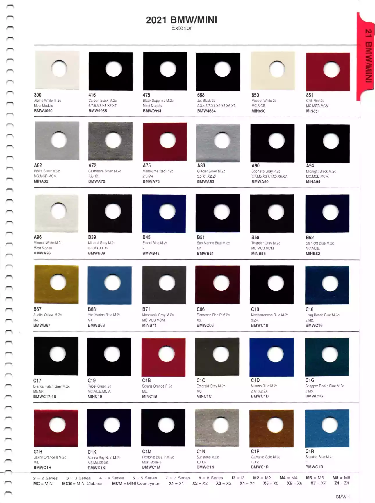 Color swatches, and their ordering paint codes for 2021 model vehicles