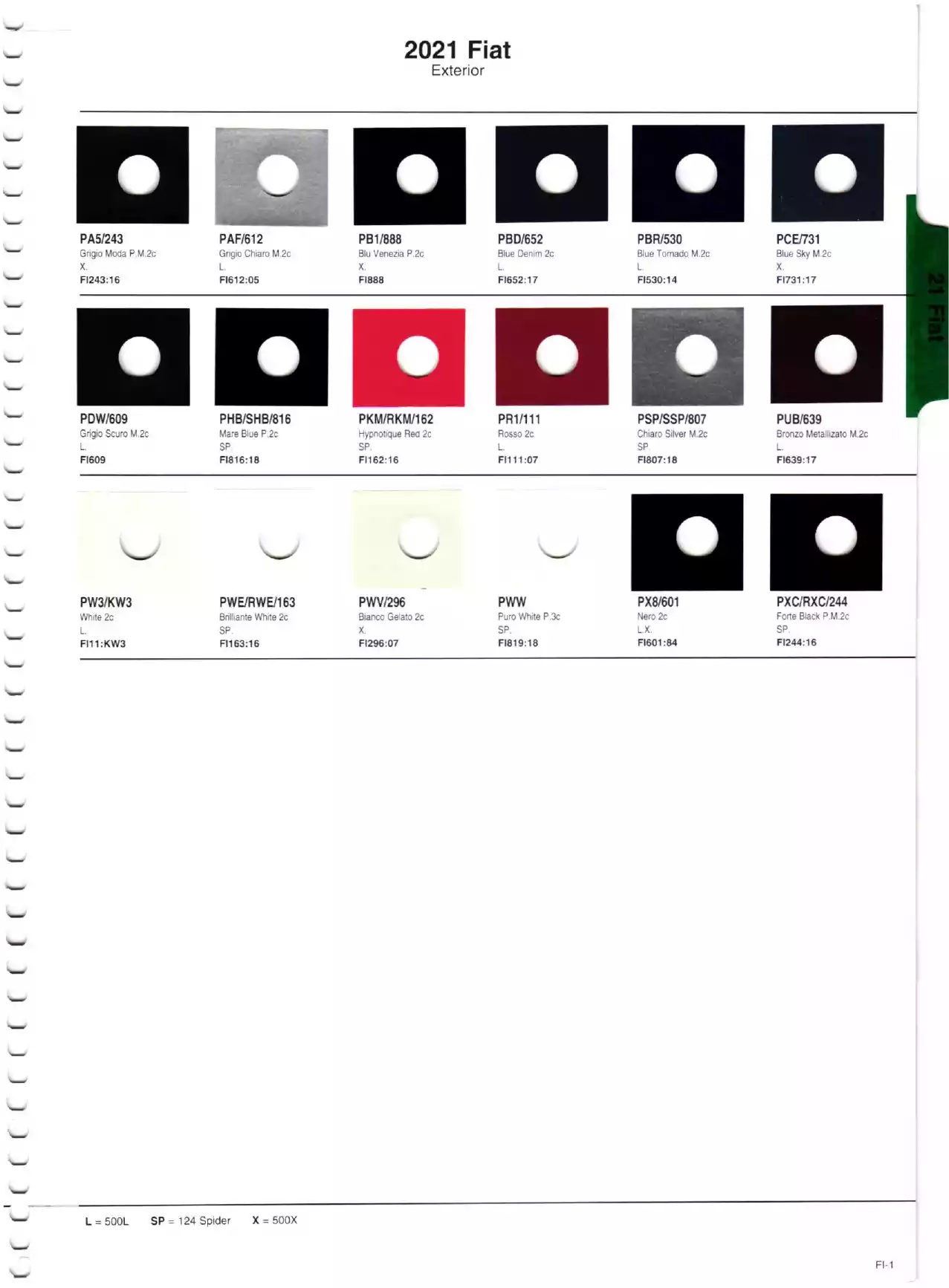 Color swatches, and their ordering paint codes for 2021 model vehicles