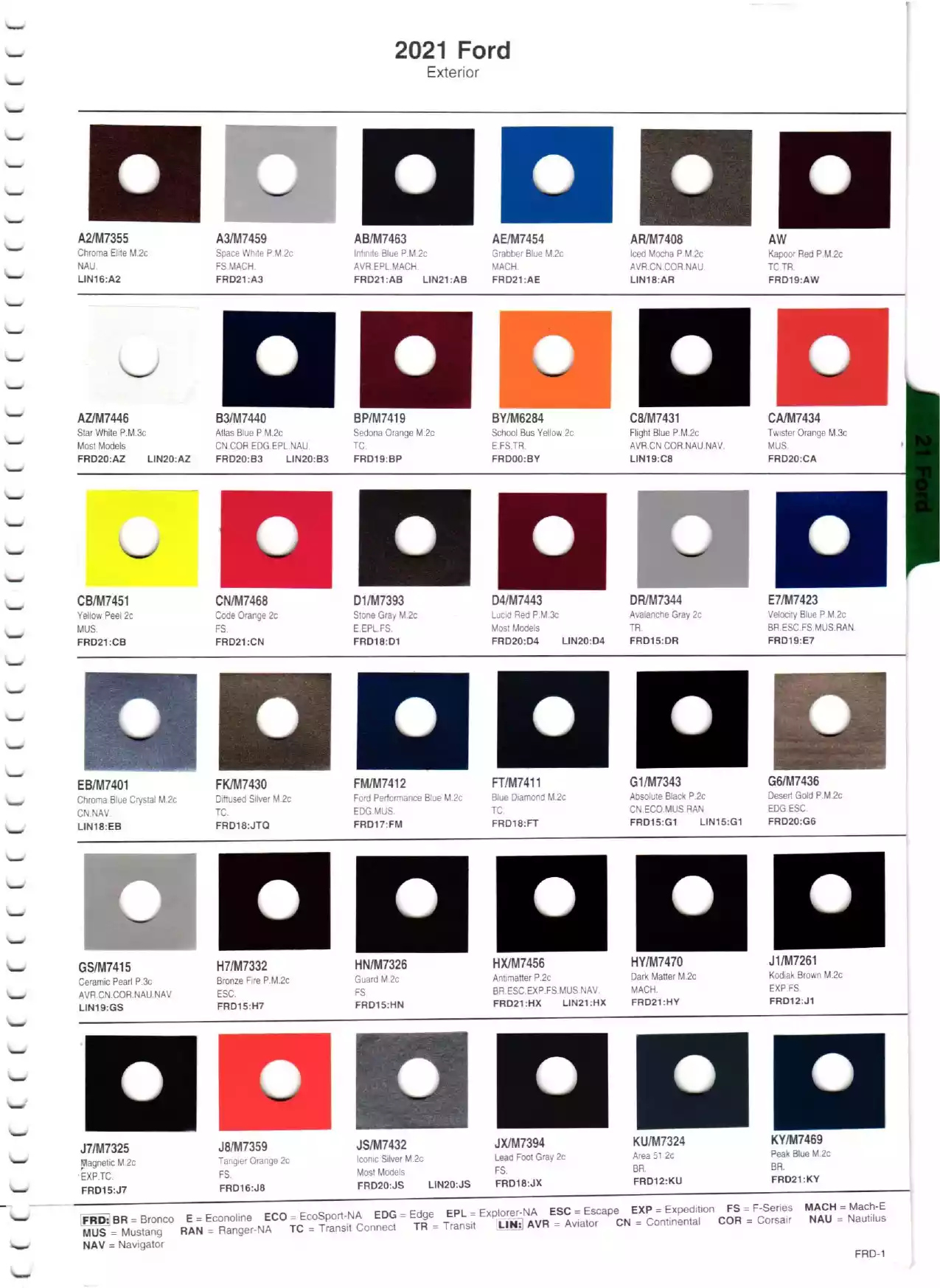 Color swatches, and their ordering paint codes for 2021 model vehicles