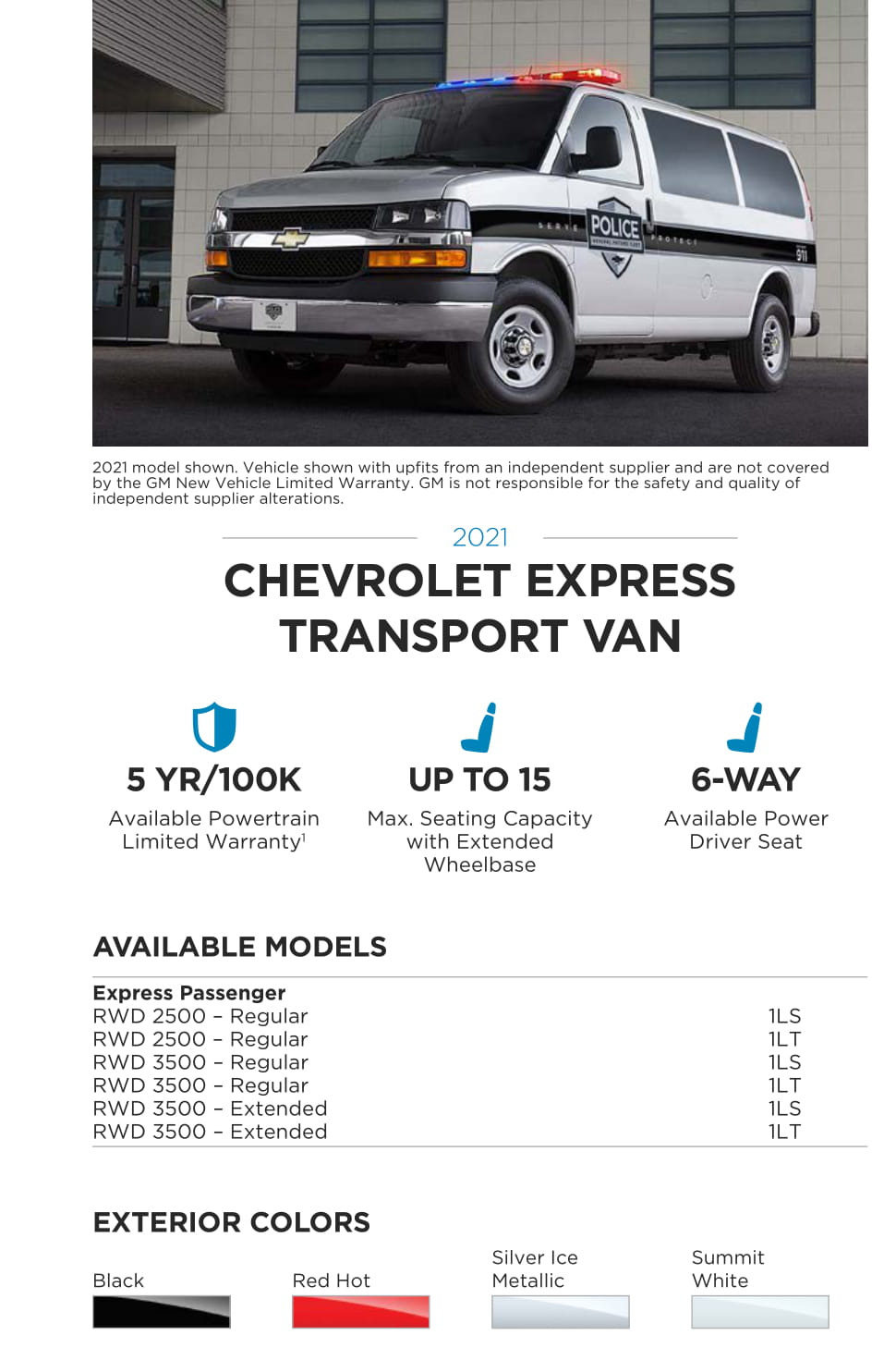 Exterior Paint Colors Used on the SSV GM Special Model Vehicles in 2021