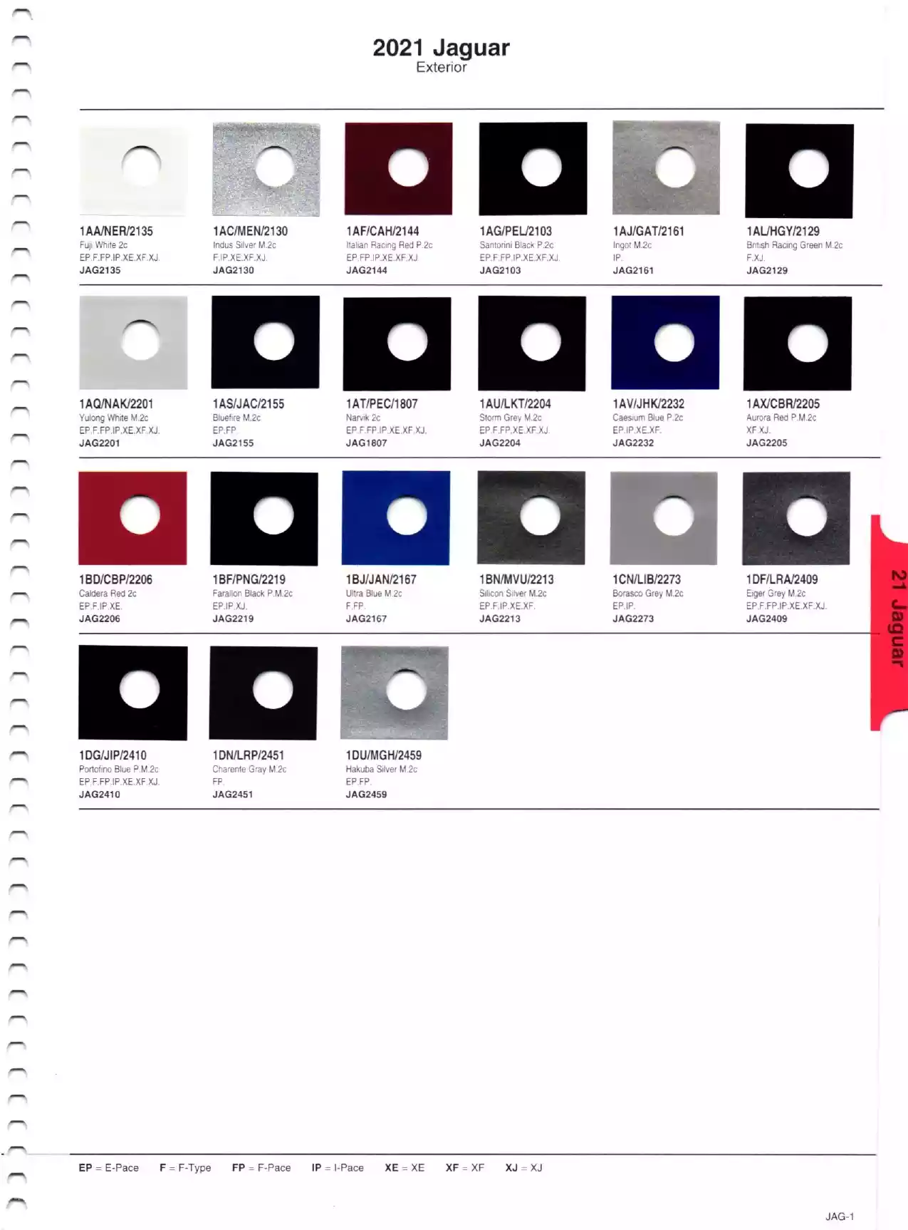 Color swatches, and their ordering paint codes for 2021 model vehicles