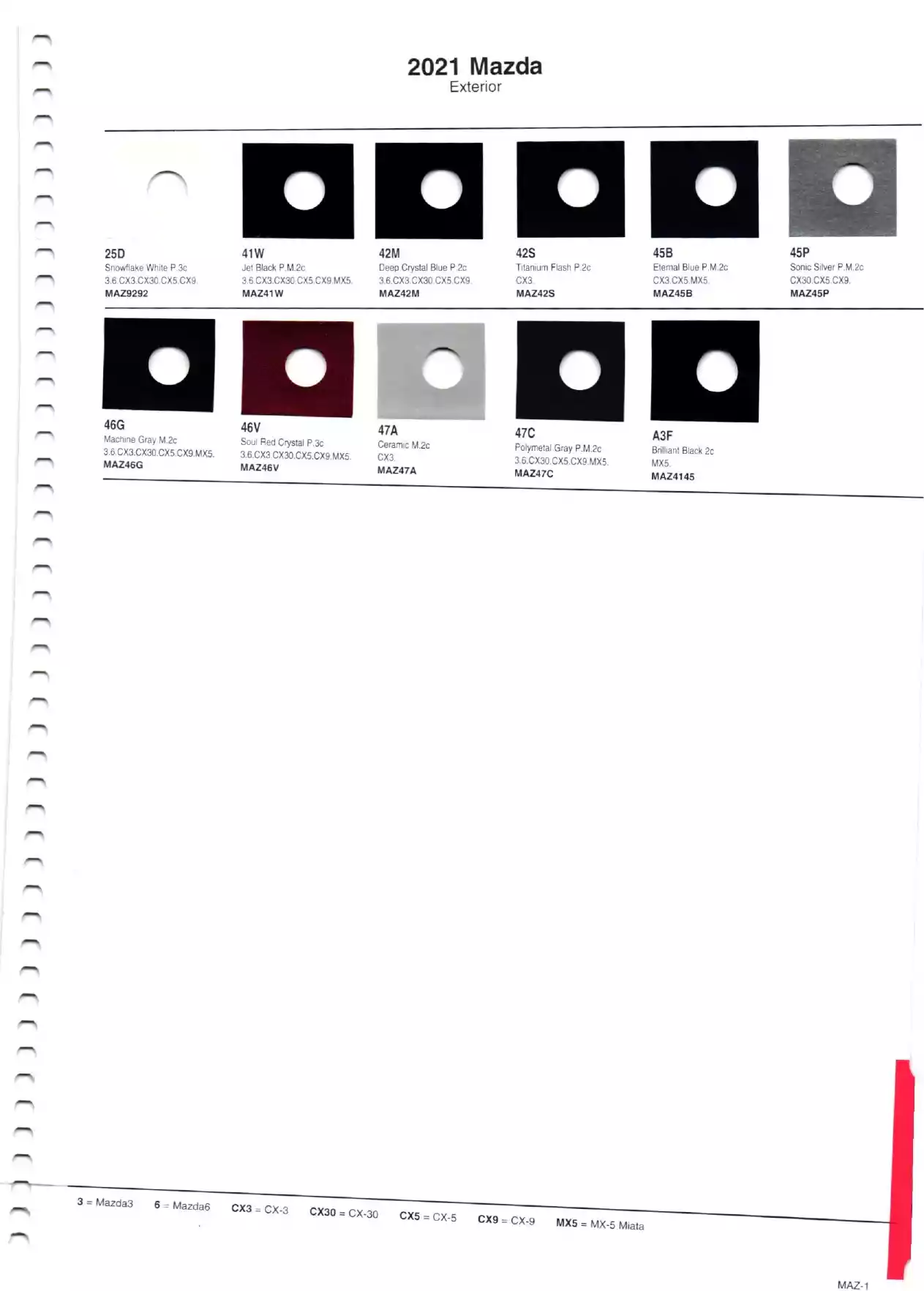 Color swatches, and their ordering paint codes for 2021 model vehicles