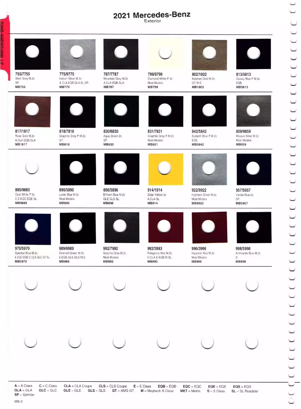 Color swatches, and their ordering paint codes for 2021 model vehicles