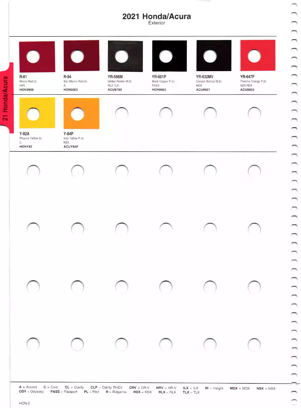 Color swatches, and their ordering paint codes for 2021 model vehicles