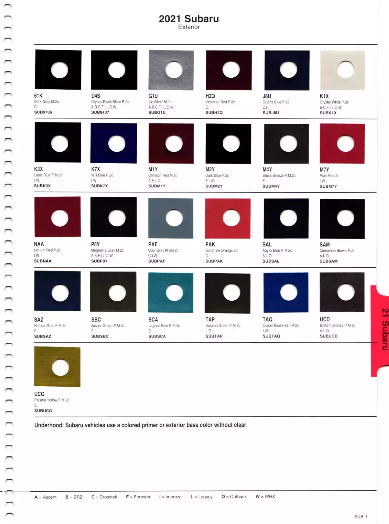 Color swatches, and their ordering paint codes for 2021 model vehicles