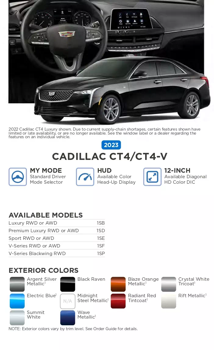 color names, vehicle and exterior color examples used on cadillac in 2023