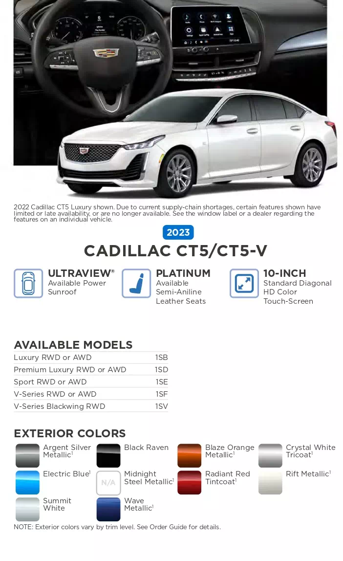 color names, vehicle and exterior color examples used on cadillac in 2023