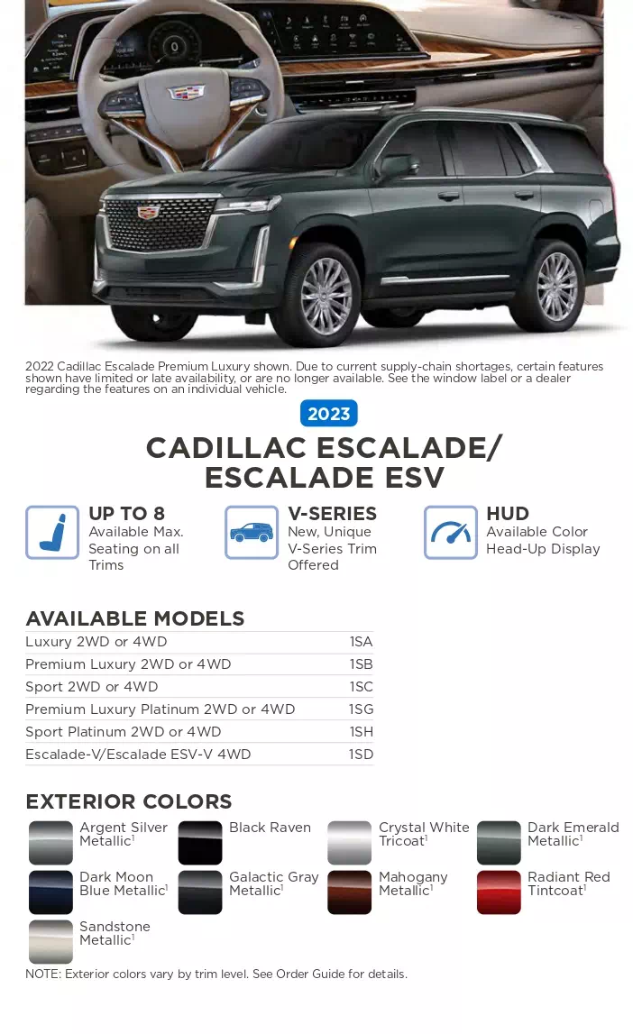 color names, vehicle and exterior color examples used on cadillac in 2023