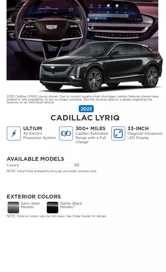 color names, vehicle and exterior color examples used on cadillac in 2023