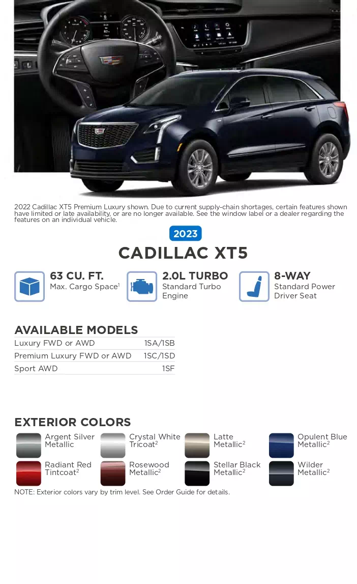 color names, vehicle and exterior color examples used on cadillac in 2023