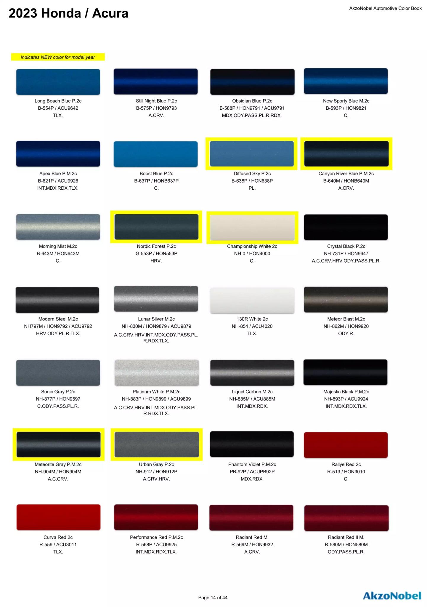 Reference image of automotive paint color samples with corresponding OEM codes, ordering codes, and example vehicles using each shade.