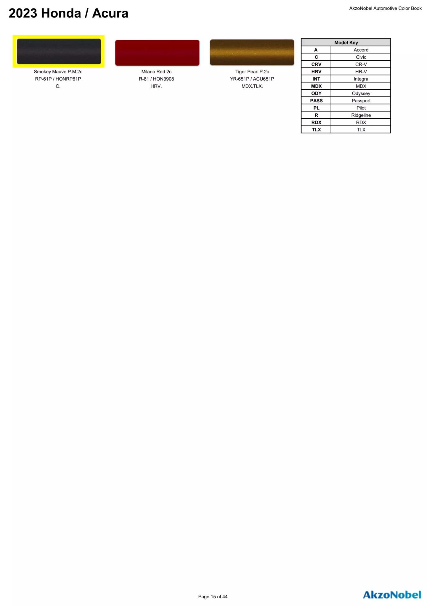 Reference image of automotive paint color samples with corresponding OEM codes, ordering codes, and example vehicles using each shade.