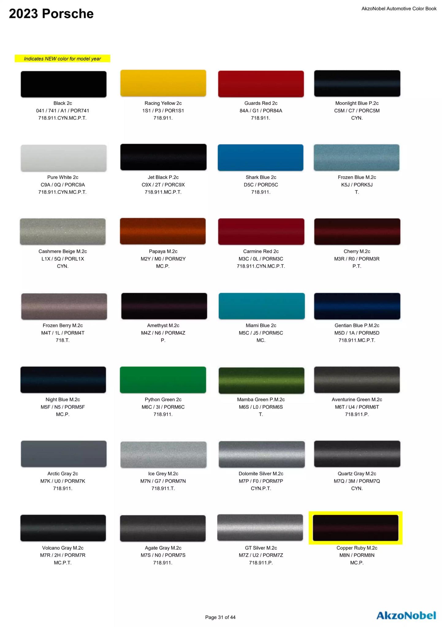Reference image of automotive paint color samples with corresponding OEM codes, ordering codes, and example vehicles using each shade.