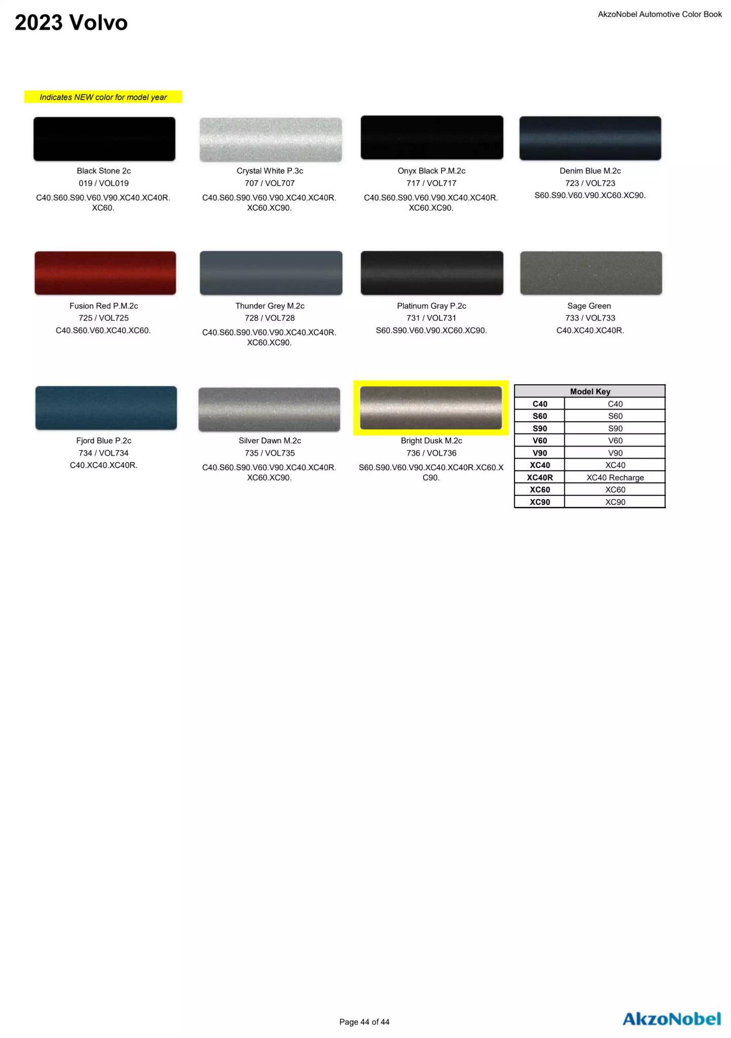 Reference image of automotive paint color samples with corresponding OEM codes, ordering codes, and example vehicles using each shade.