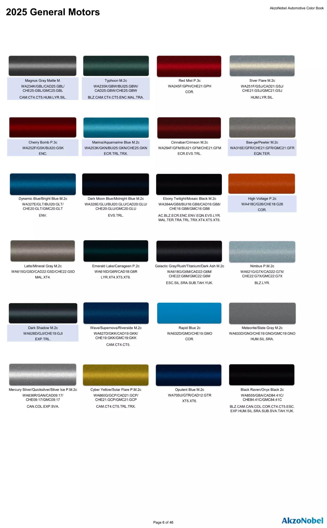 Reference image of automotive paint color samples with corresponding OEM codes, ordering codes, and example vehicles using each shade.