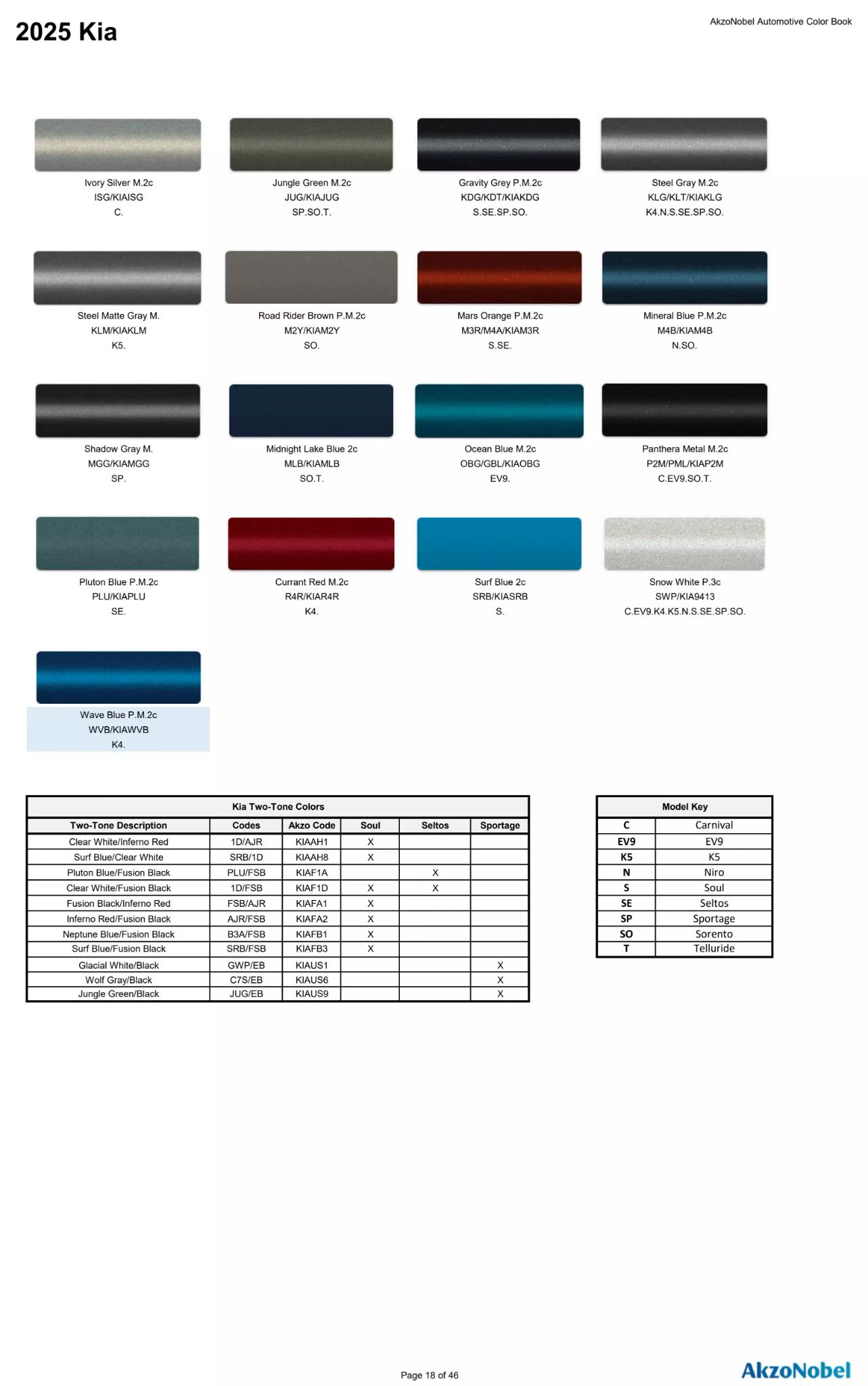Reference image of automotive paint color samples with corresponding OEM codes, ordering codes, and example vehicles using each shade.