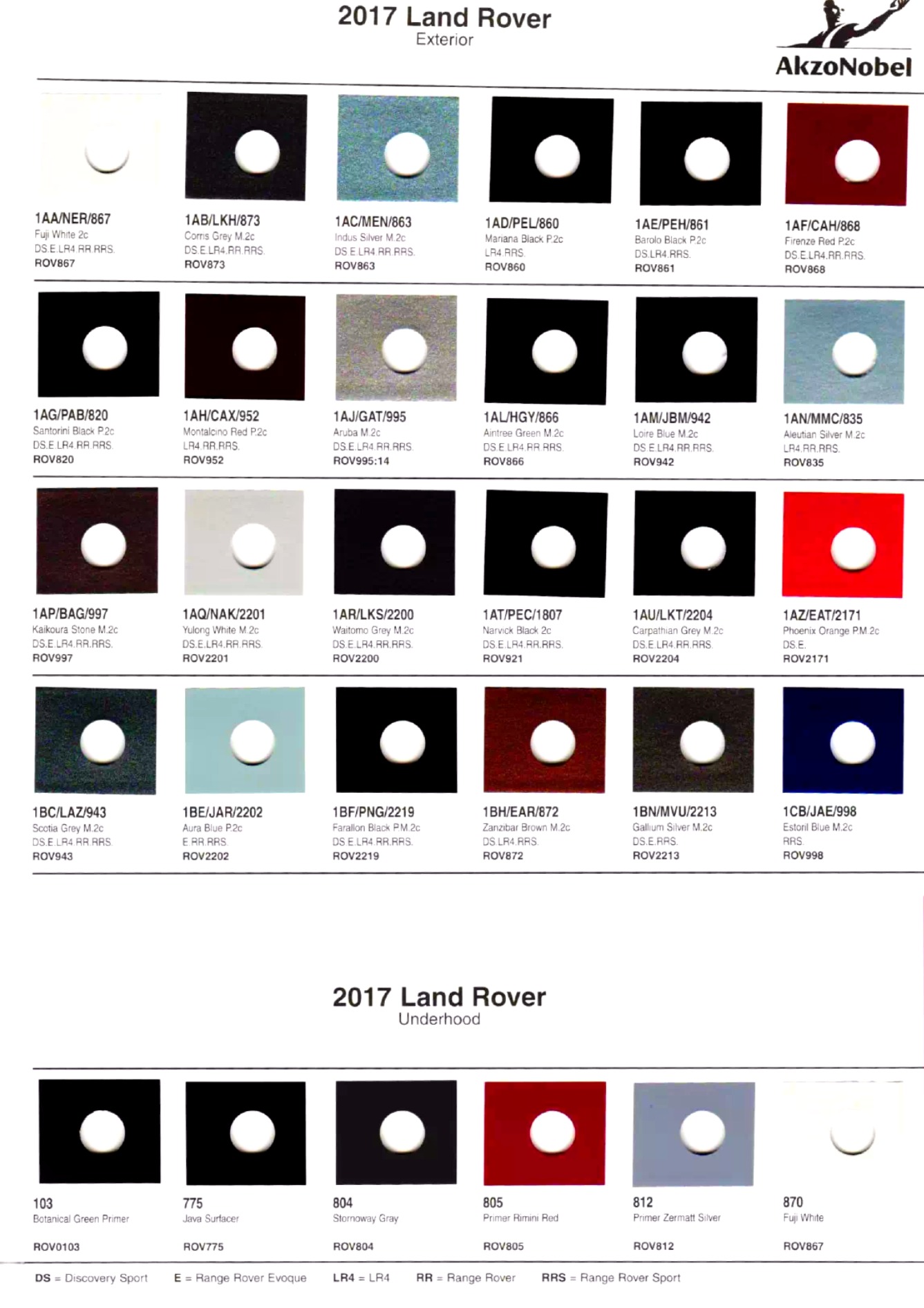 color swatches and paint codes for 2017 land rover vehicles
