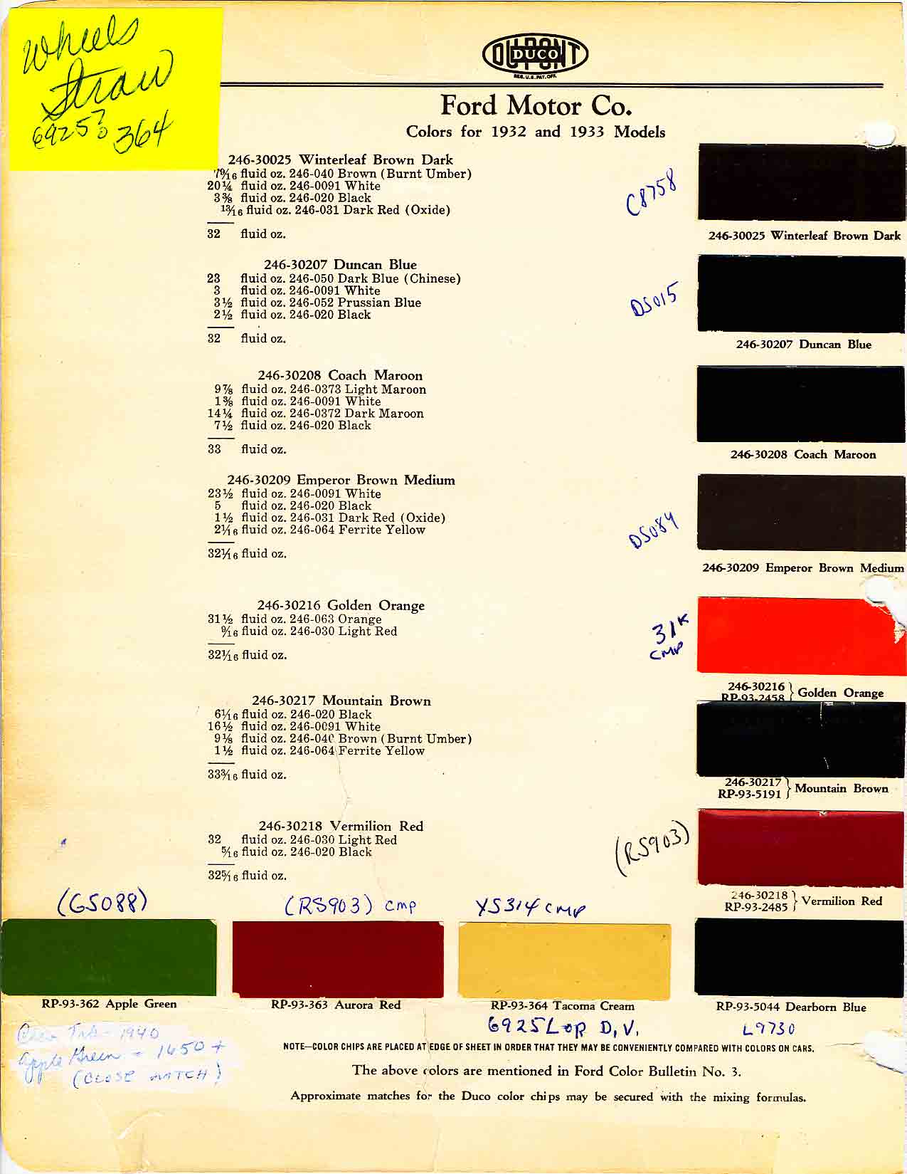 Ford Motor Vehicle Color Code Chart/Page Paint