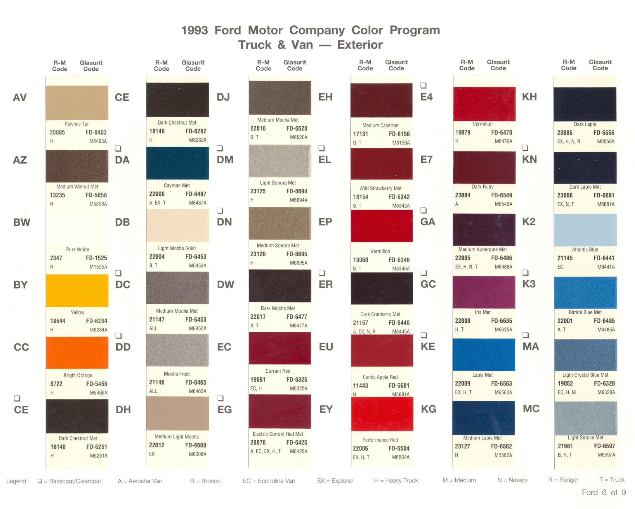 Ford Motor Vehicle Color Code Chart/Page Paint