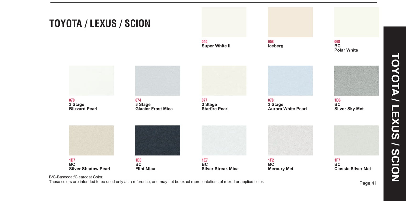 Toyoto / Lexus Paint Code and Color Chart