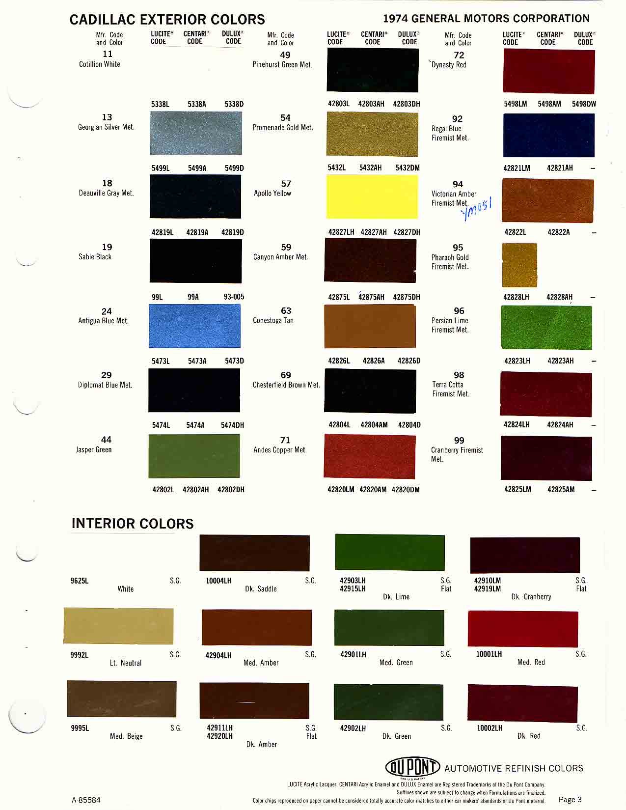 Cadillac Paint Paint Color Example Charts, Descriptions