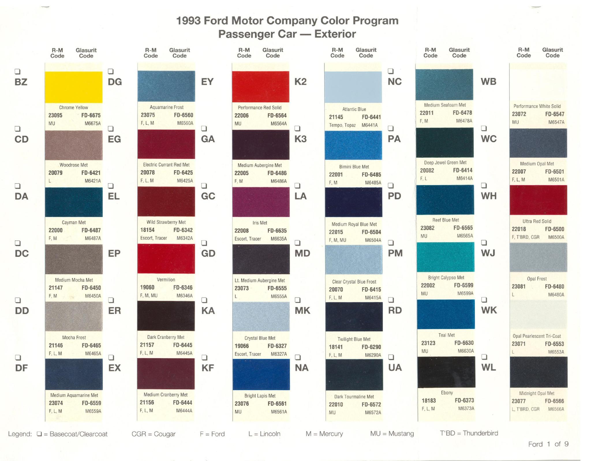 Ford Motor Vehicle Color Code Chart/Page Paint