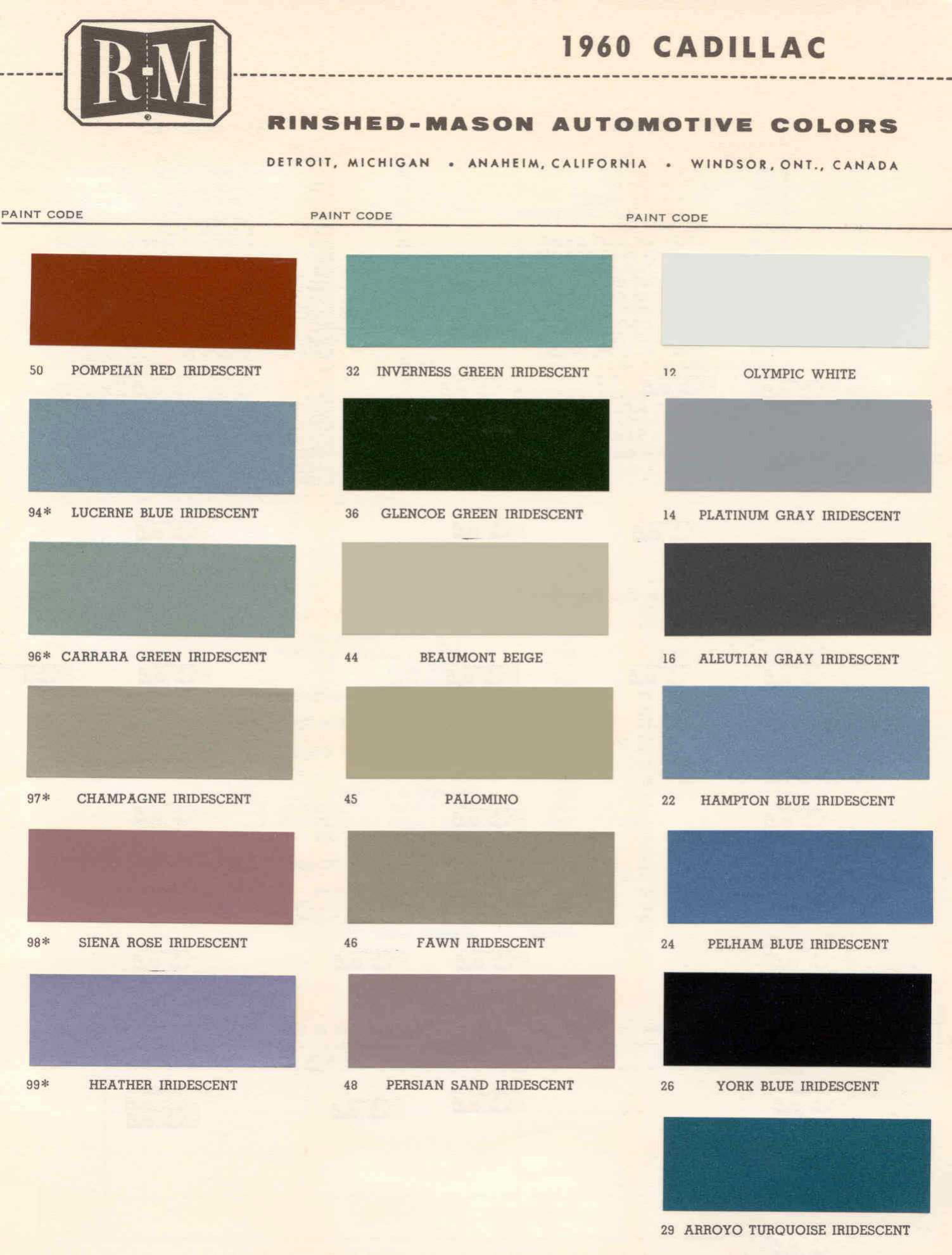 Cadillac Paint Paint Color Example Charts, Descriptions