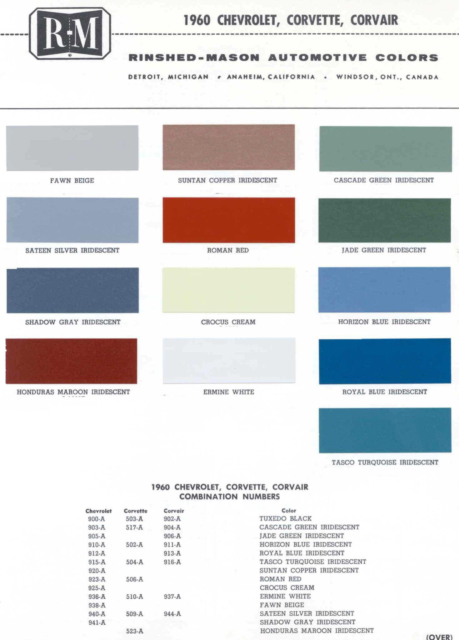 Paint Codes and Color Swatches used by Chevrolet on Vehicles