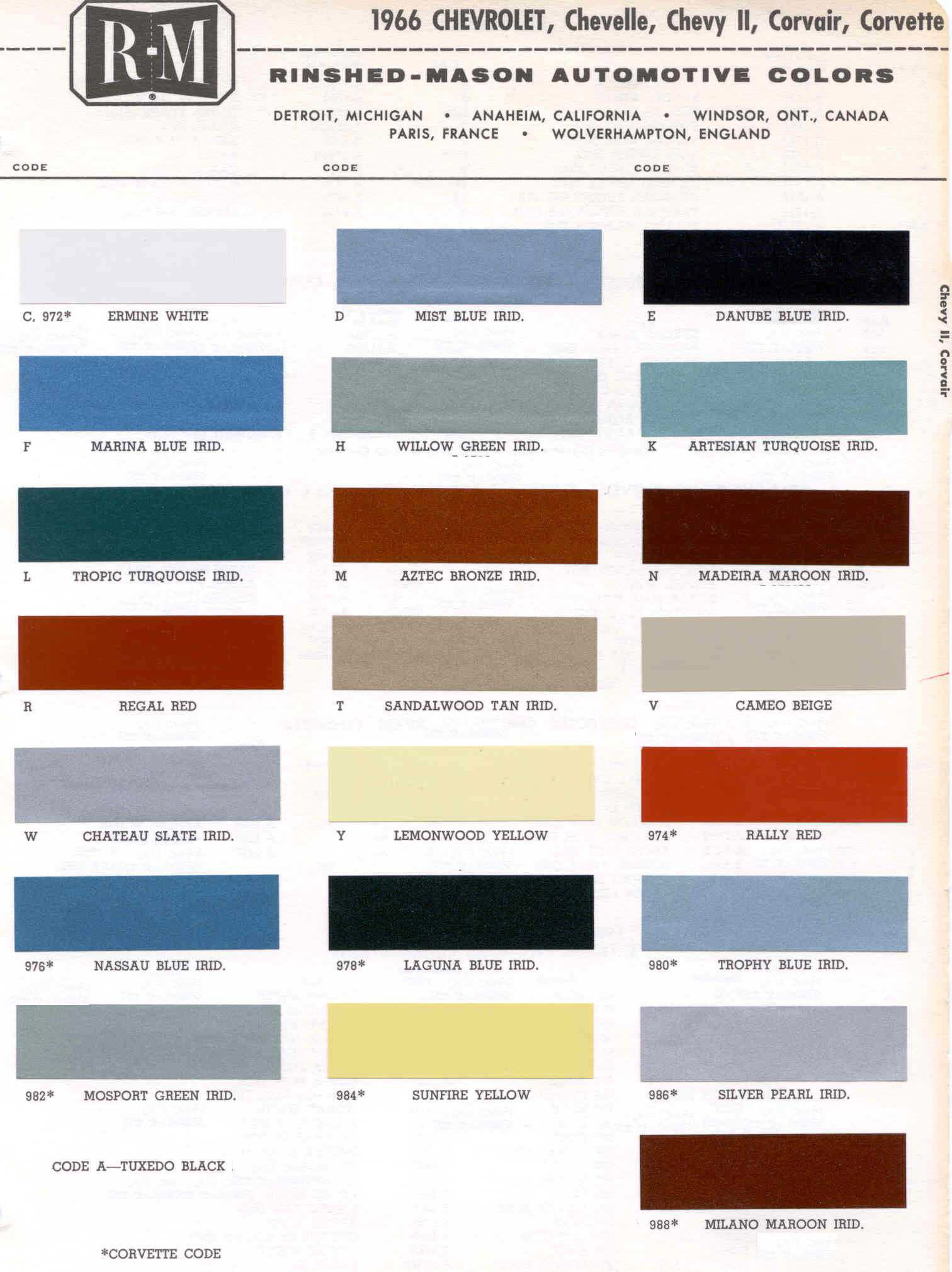 Chevy Car Paint Color Chart