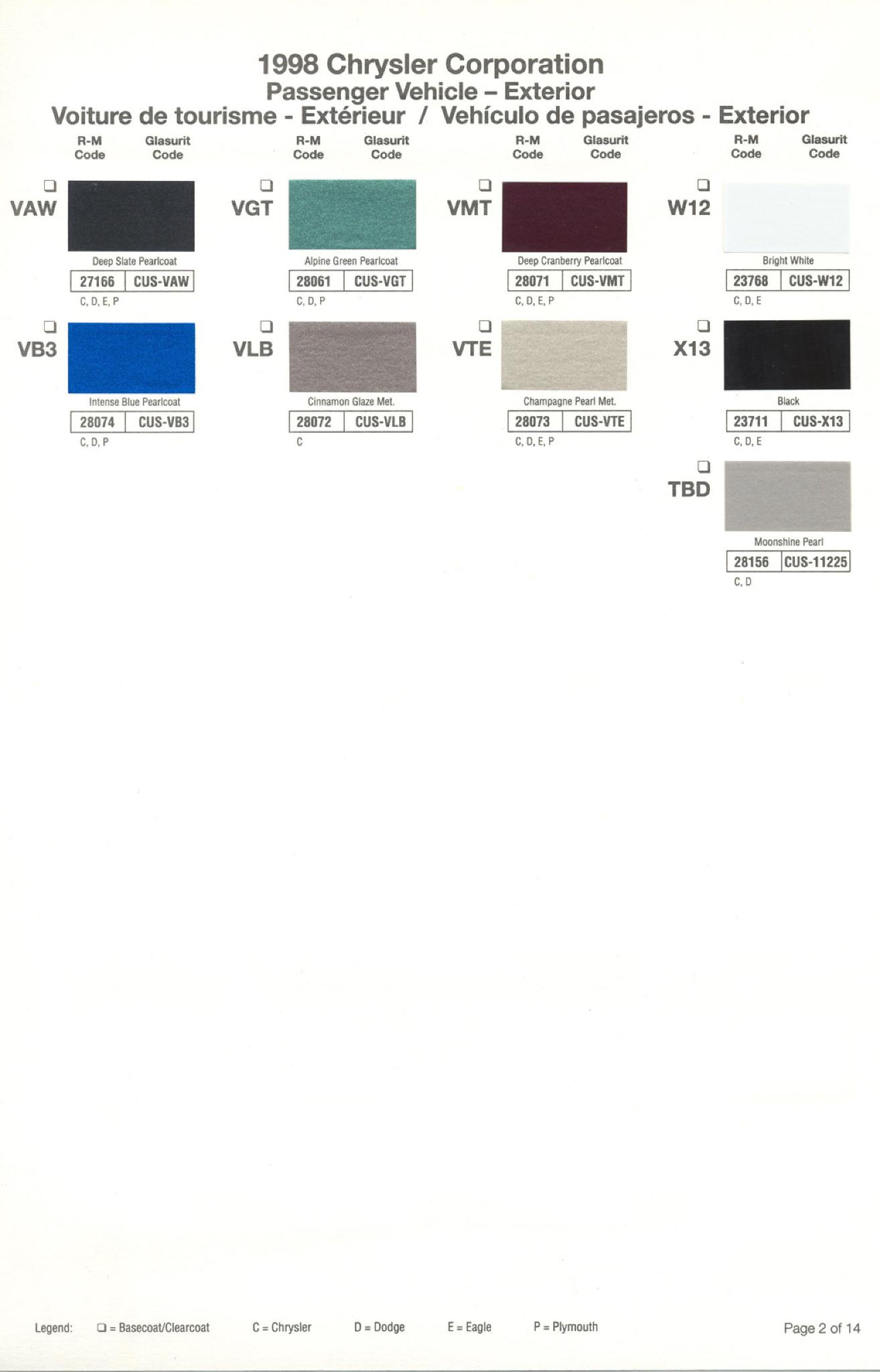 Chrysler Paint (Color) Code Chart For Exterior Vehicles