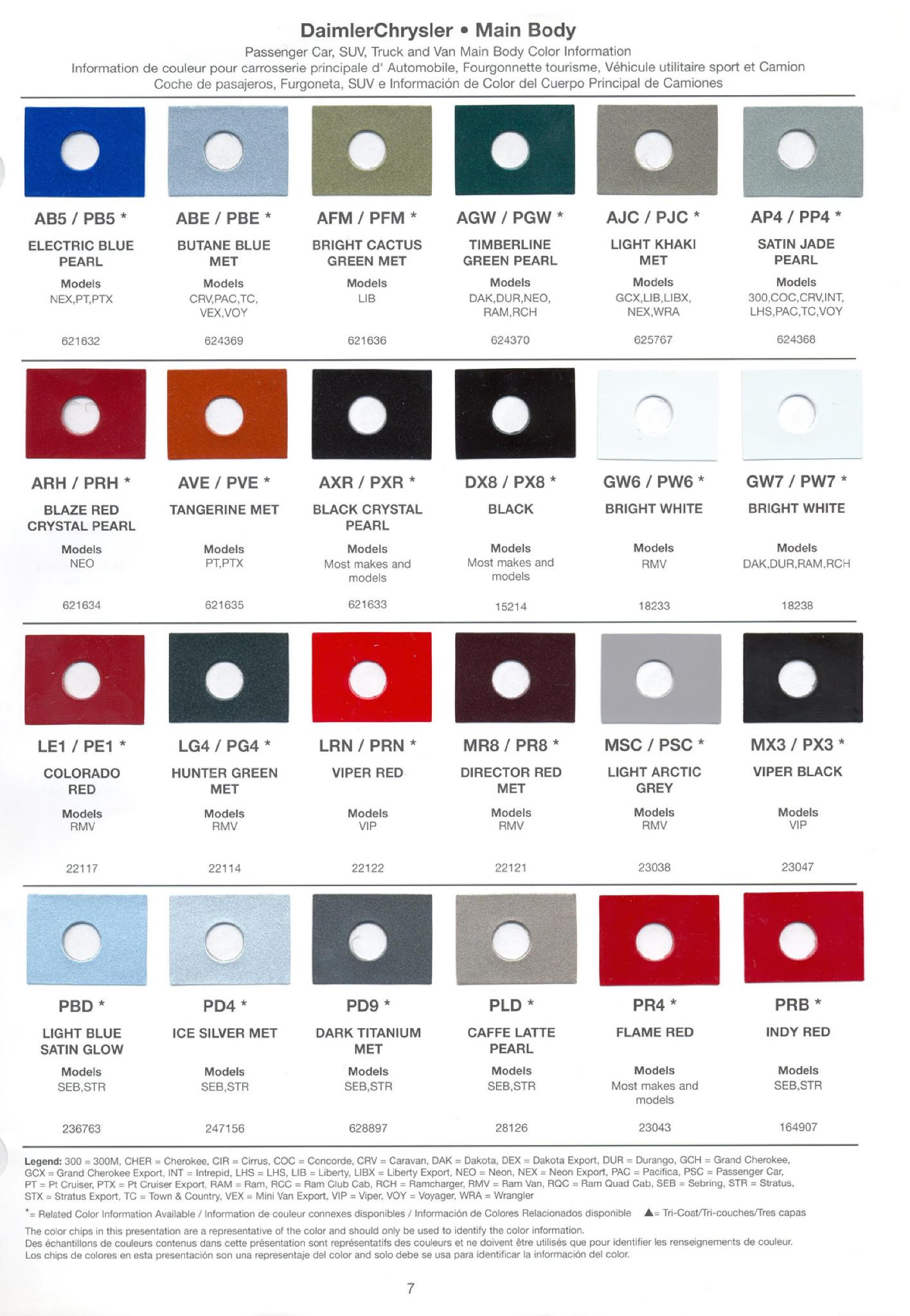 Chrysler Paint (Color) Code Chart For Exterior Vehicles