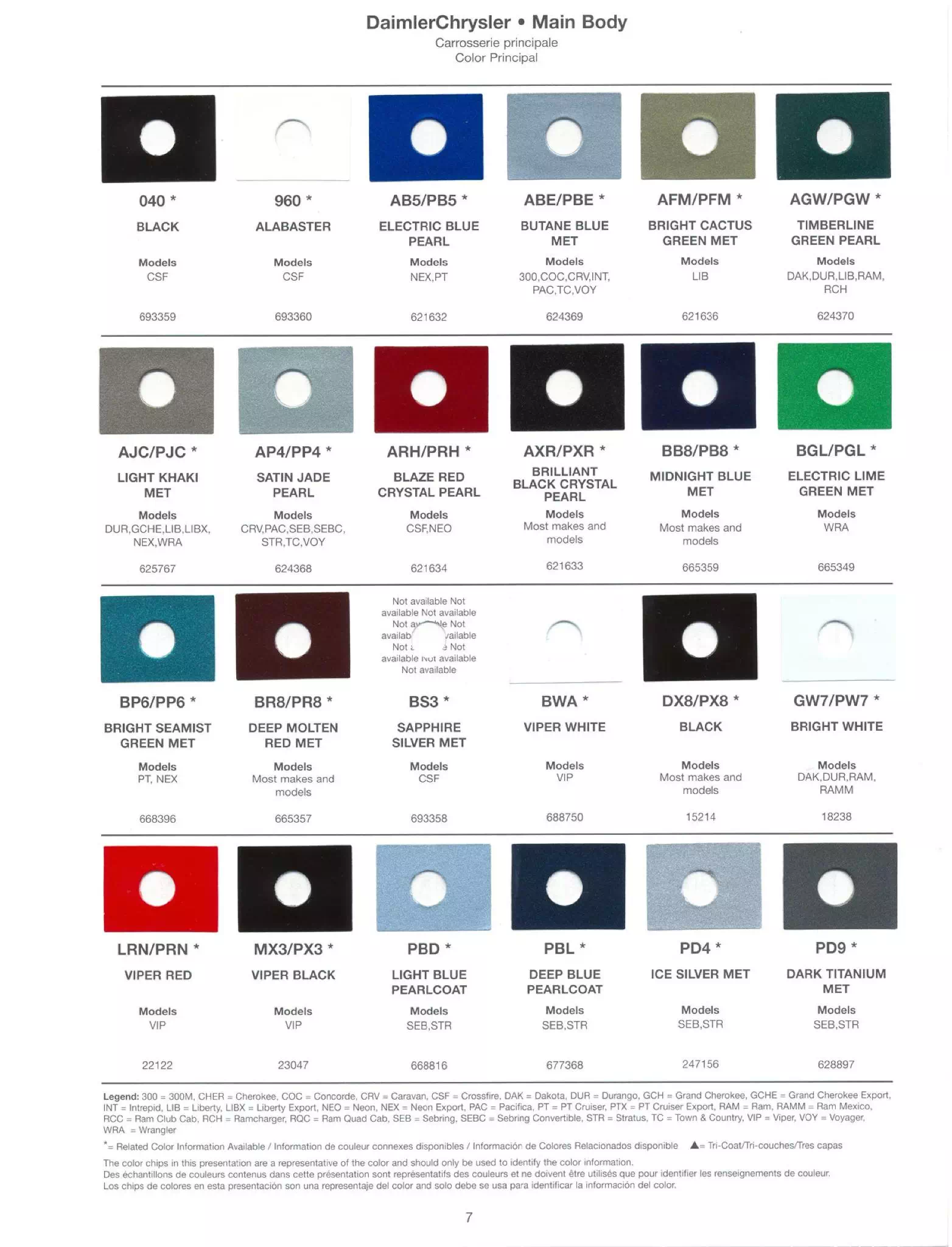 Exterior, Wheel, and Interior colors used on Dodge, Jeep, and Chrysler in 2004